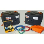 Matjack 18 ton medium pressure lift kit with two large inflatable air bags, dual-gauge control box, color-coded hoses, and orange carry bag.