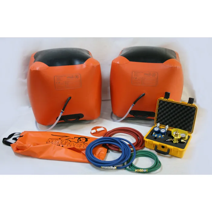 Matjack 11 ton low pressure air cushion kit with two orange air bags, color-coded hoses, dual-gauge control box, and orange carry bag.