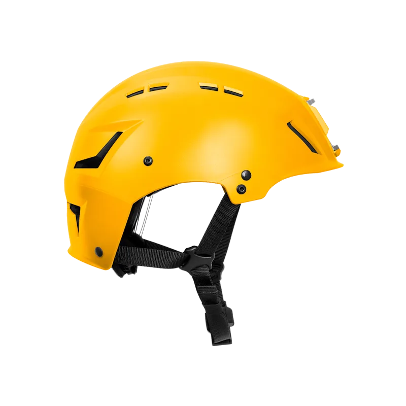 Team Wendy® ADVENTURER™ Bump Helmet in yellow, side profile with vented shell and adjustable chin strap.