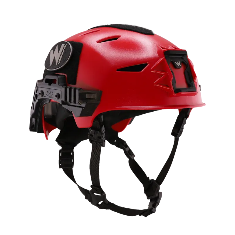 Team Wendy® EXFIL® Rescuer Bump Helmet in red with side rail mount and adjustable chin strap.