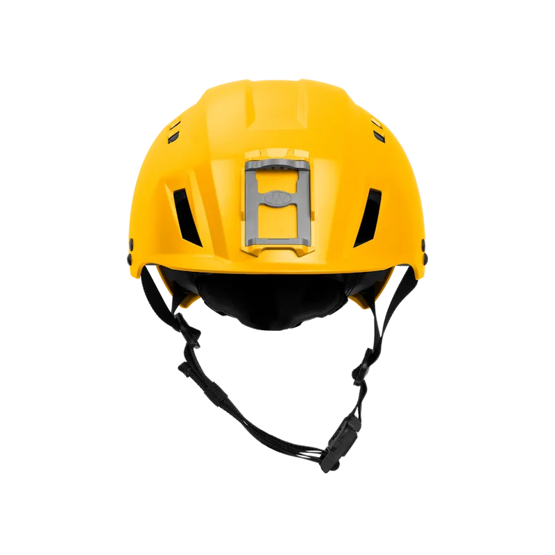 Team Wendy® ADVENTURER™ Bump Helmet in yellow, front view with center rail mount and dual chin straps.