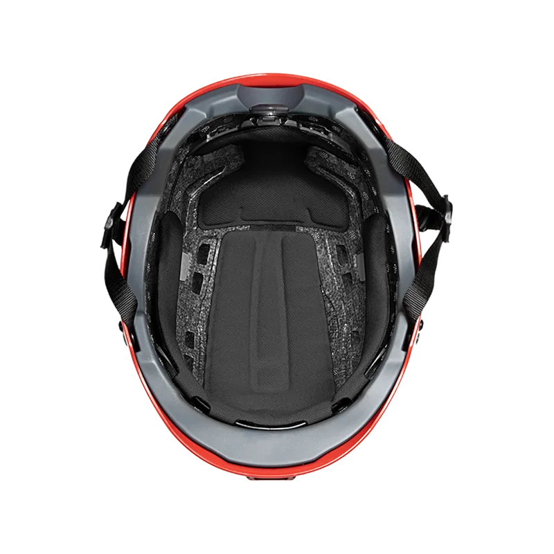 Team Wendy® ADVENTURER™ Bump Helmet in red, bottom view showing interior padding and retention system.